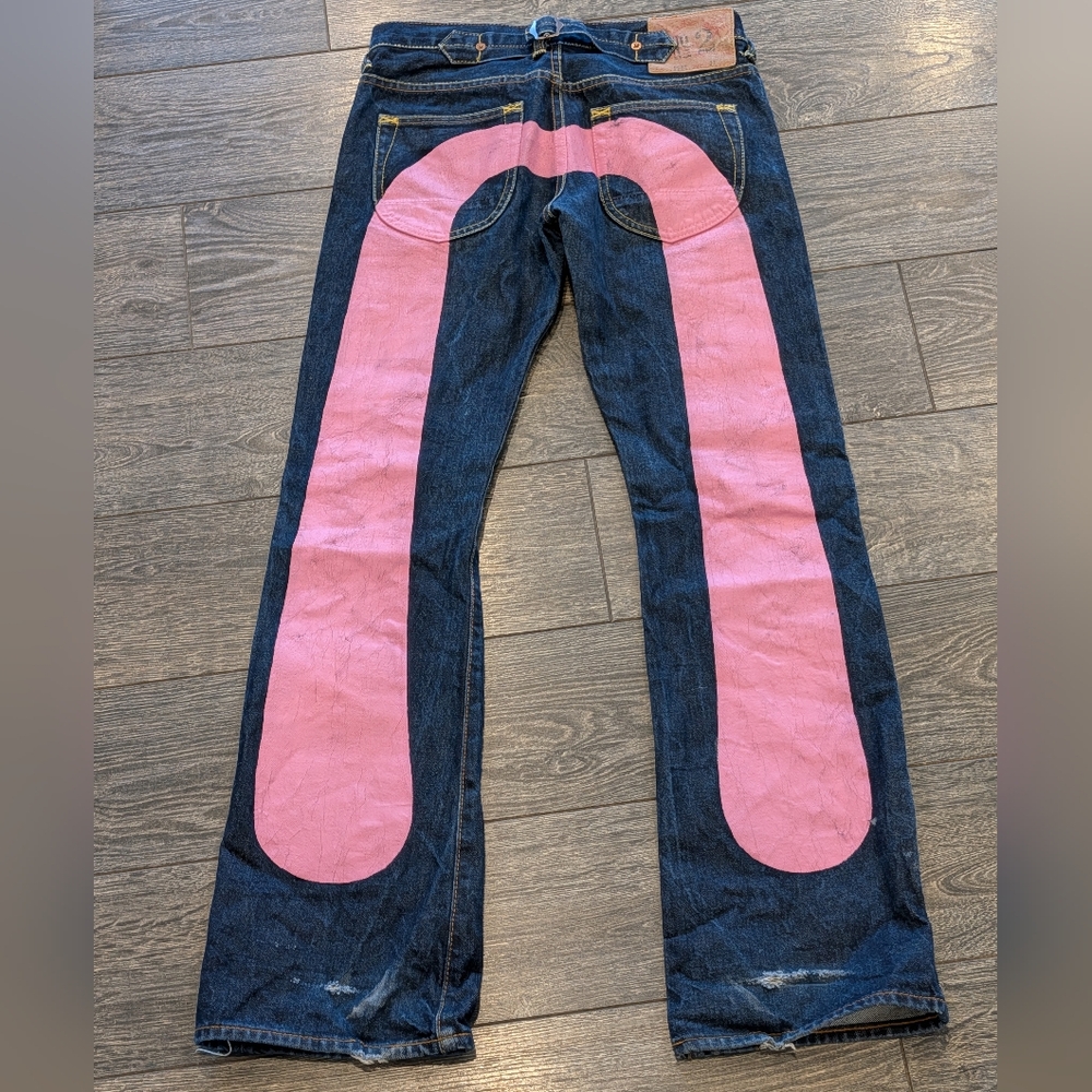 Evisu Jeans Pink Daicock Large Logo Selvedge Navy Denim 27